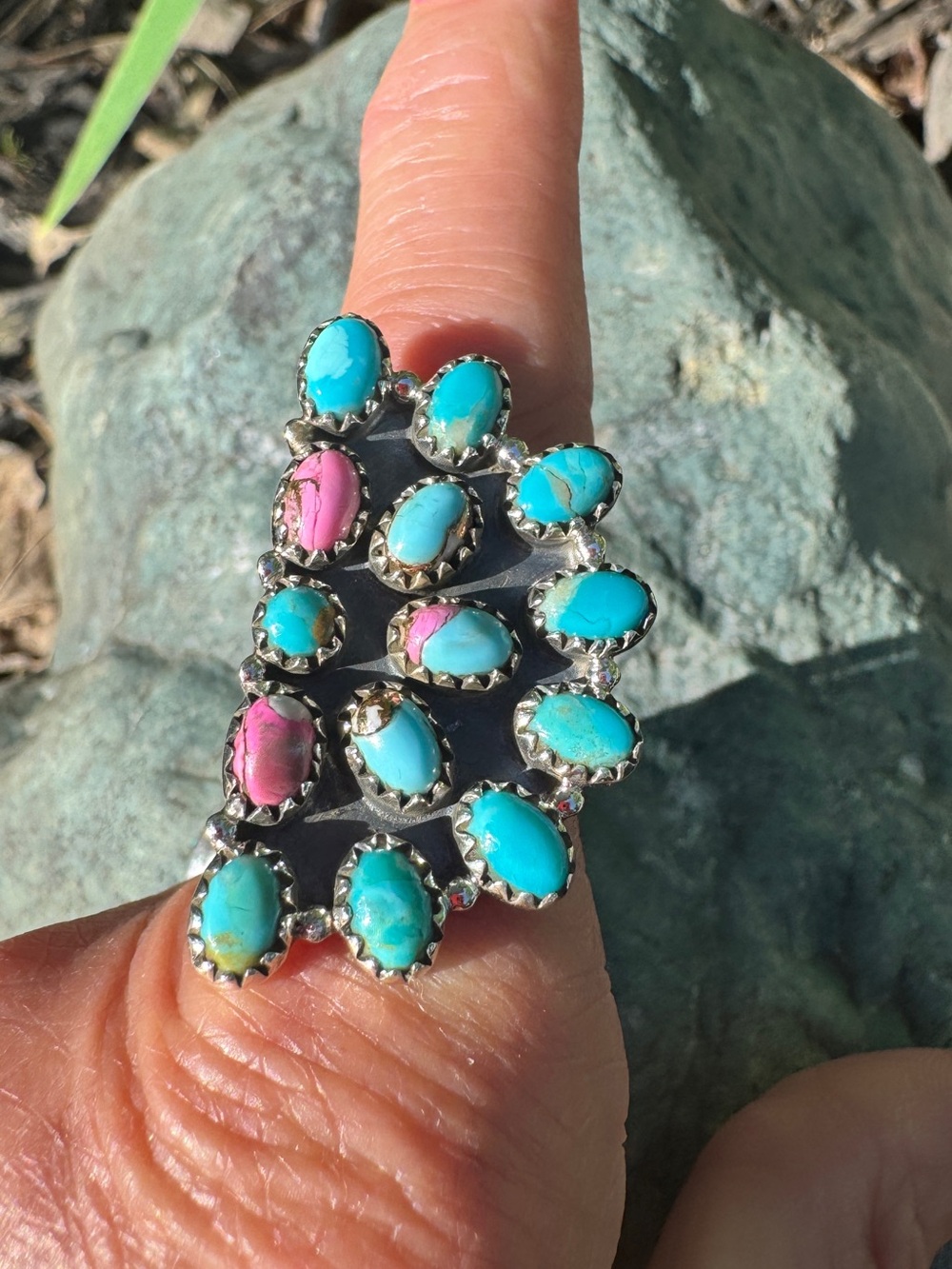 Turquoise & Pink Cluster Statement Ring - Women Jewelry